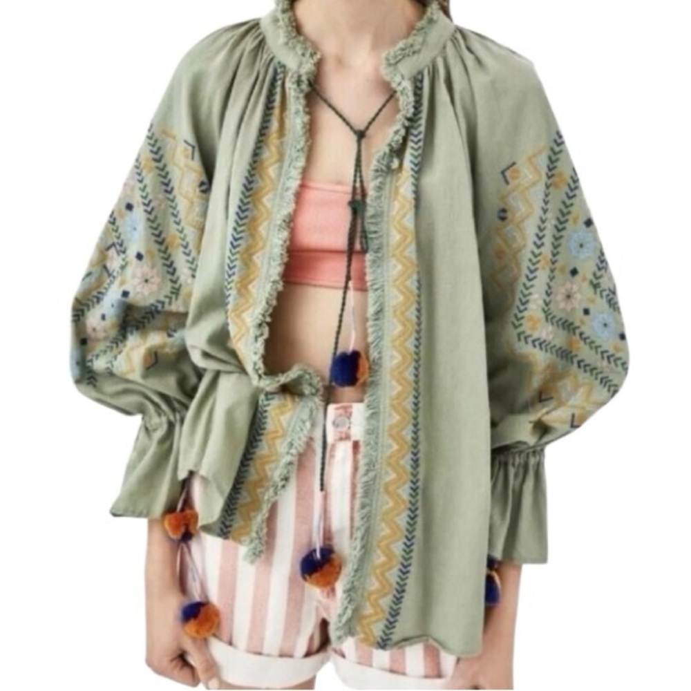 ZARA TRF Embroidered Boho Jacket Top, Pom Pom, Olive Green – XS (Fits S/M/L)